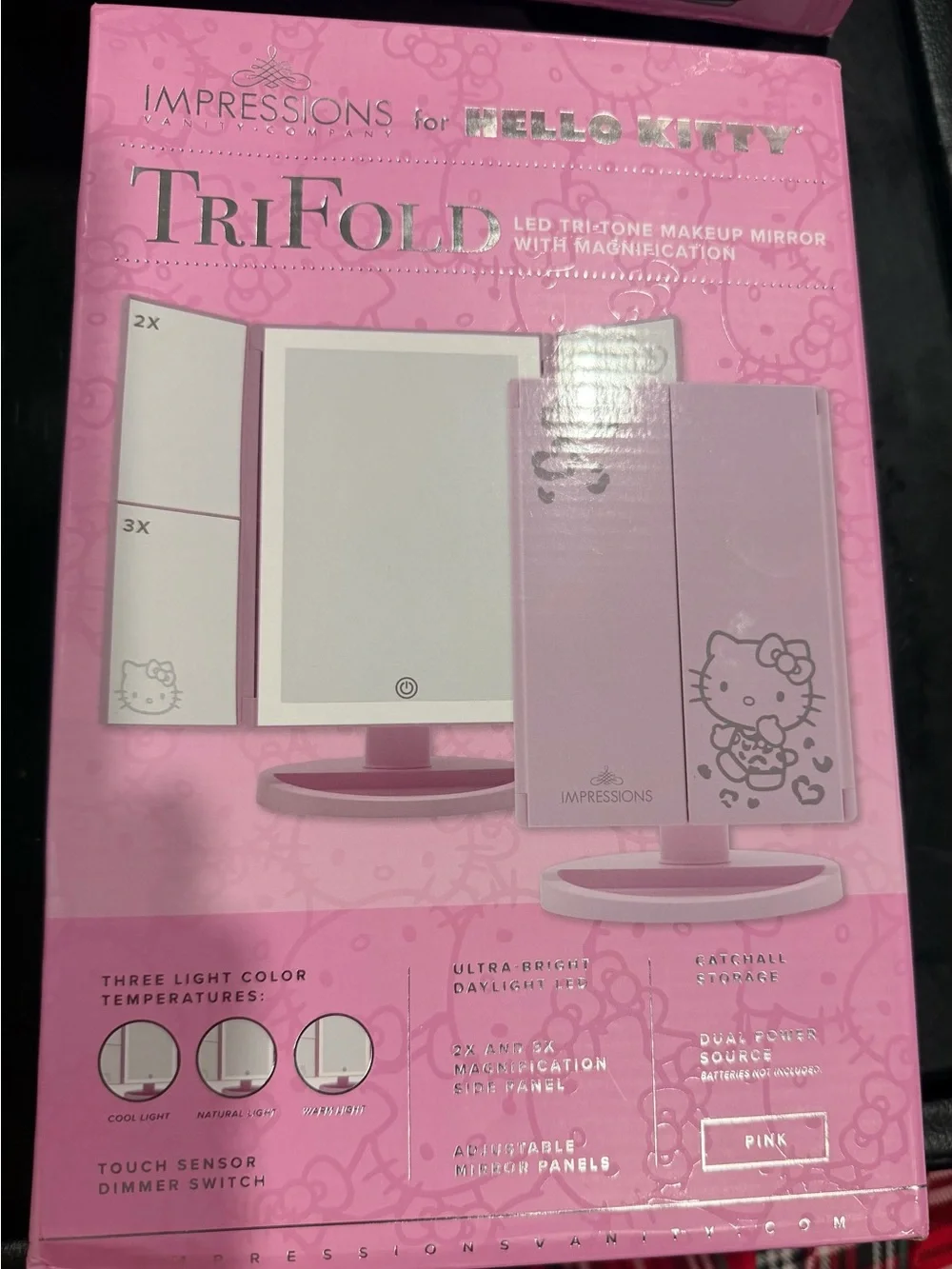 Impressions Hello Kitty Pink LED Tri-Fold Makeup Mirror with magnification B-New